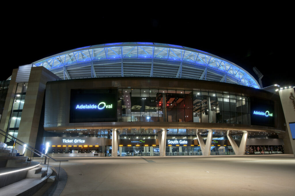 Adelaide, Australia - April 30, 2014: The completed southern stand of the new Adelaide Oval at night. The oval has been upgraded and hosts the majority of major sporting teams in Adelaide.