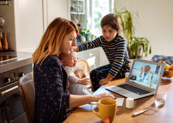 Woman with children accessing virtual health care
