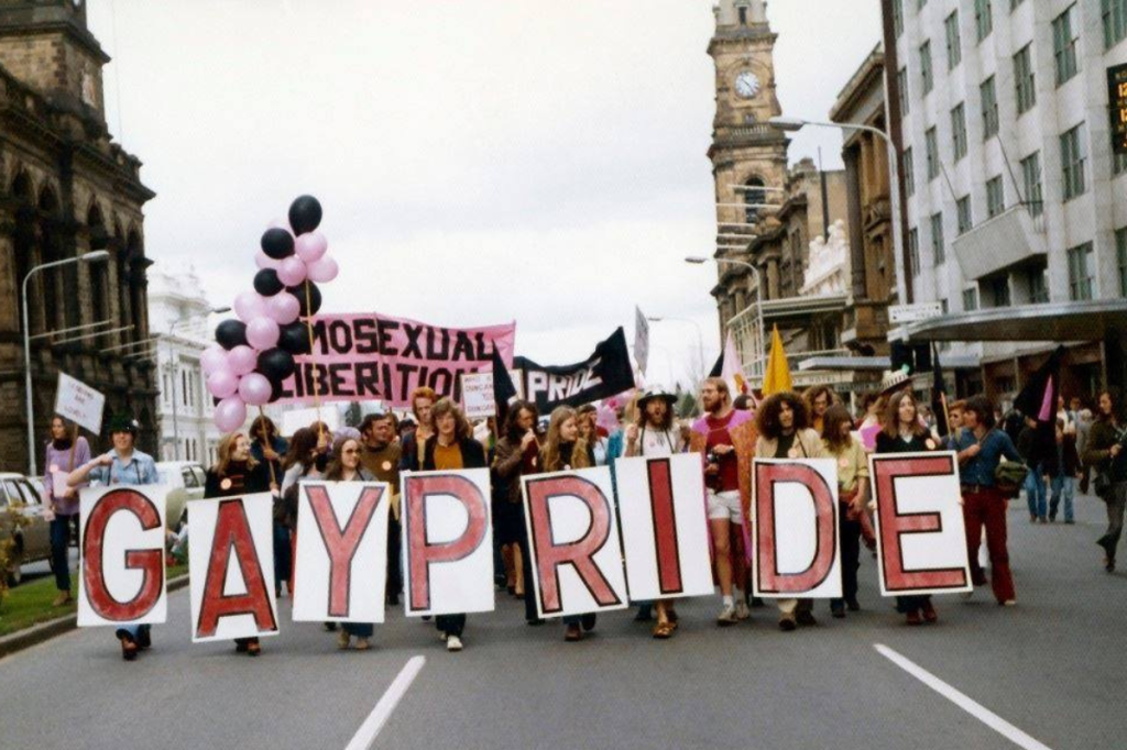 LGBTIQA+ people and allies marching in Adelaide's first Gay pride march, September 1973