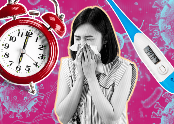 Clock, thermometer and woman blowing her nose on a close up of the flu virus.