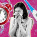 Clock, thermometer and woman blowing her nose on a close up of the flu virus.