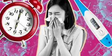 Clock, thermometer and woman blowing her nose on a close up of the flu virus.
