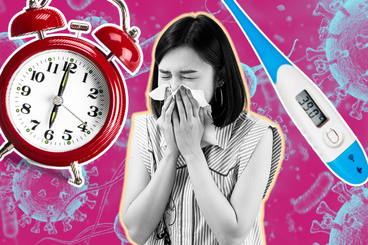 Clock, thermometer and woman blowing her nose on a close up of the flu virus.