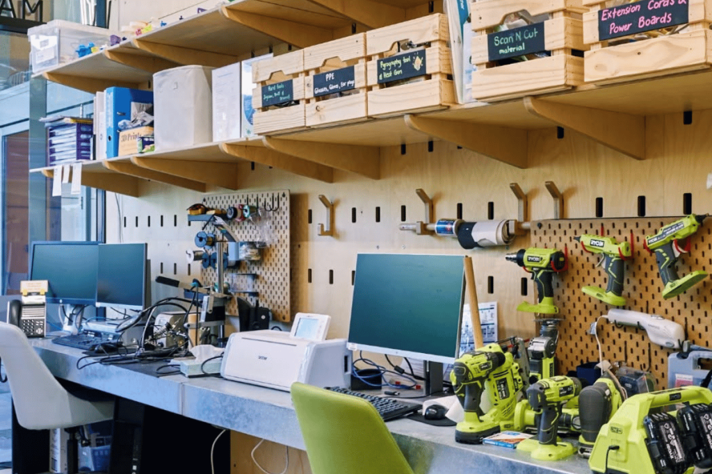 The Park Libary Makerspace, featuring power tools, computers and boxes of equipment